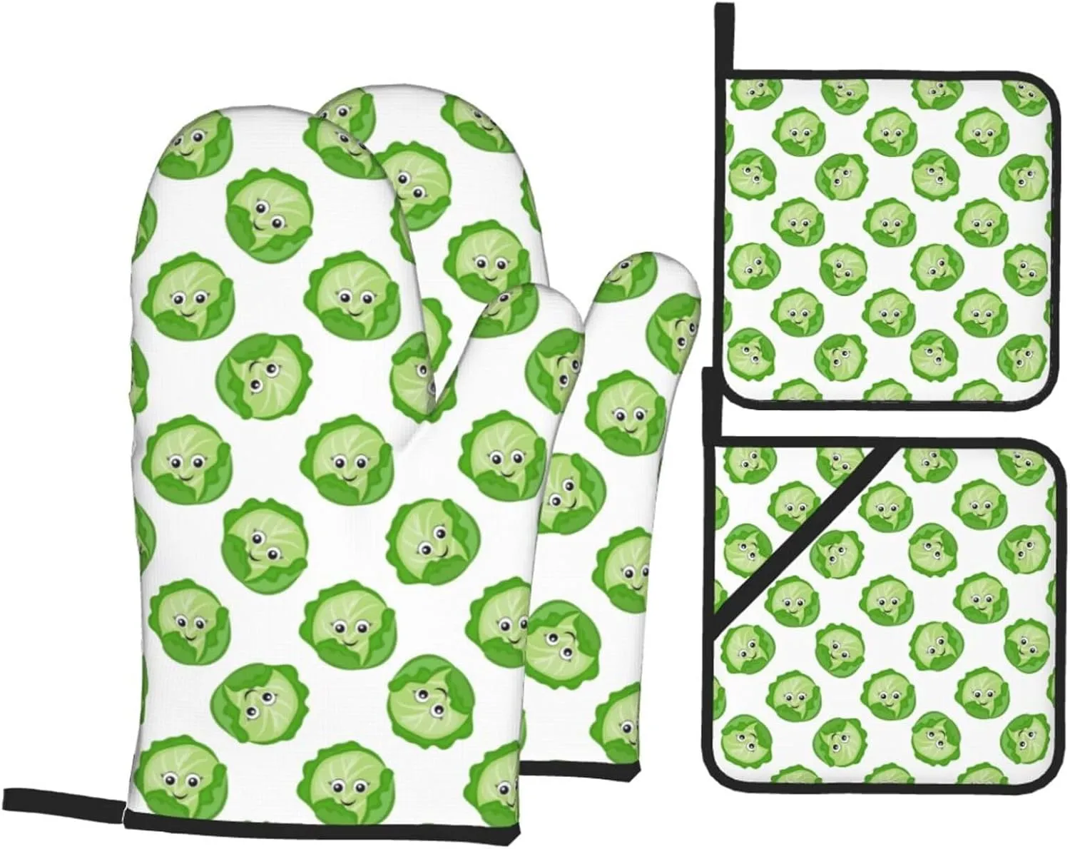 Bright Cabbage Cute Eyes Funny 4Pcs Oven Mitts and Pot Holders Sets, Silicone Oven Mitts Pot Holders for Kitchen Cooking Baking, Oven Non-Slip Gloves Hot Pads Potholders