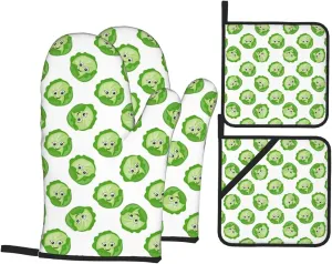 Bright Cabbage Cute Eyes Funny 4Pcs Oven Mitts and Pot Holders Sets, Silicone Oven Mitts Pot Holders for Kitchen Cooking Baking, Oven Non-Slip Gloves Hot Pads Potholders