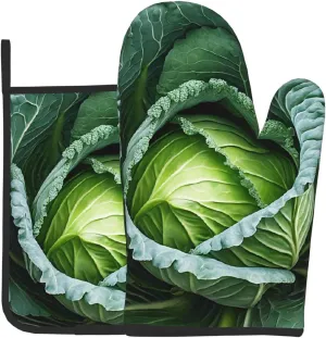 (Bright Cabbage) Oven Mitts and Pot Holders Set of 2 Non-Slip Heat Resistant for Chef Spring Summer Home Kitchen Cooking Baking Grilling Kitchen Supplies Decor
