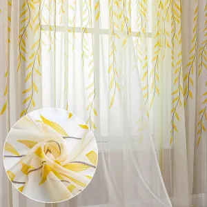 BROSHAN Yellow Sheer Curtain 108 inches Long for Living Room 2 Panels Set, Bright Yellow Leaf Pattern Curtains Printed Bedroom Curtain Sheers Rod Pocket Transparent Voile Window Treatment Drapes