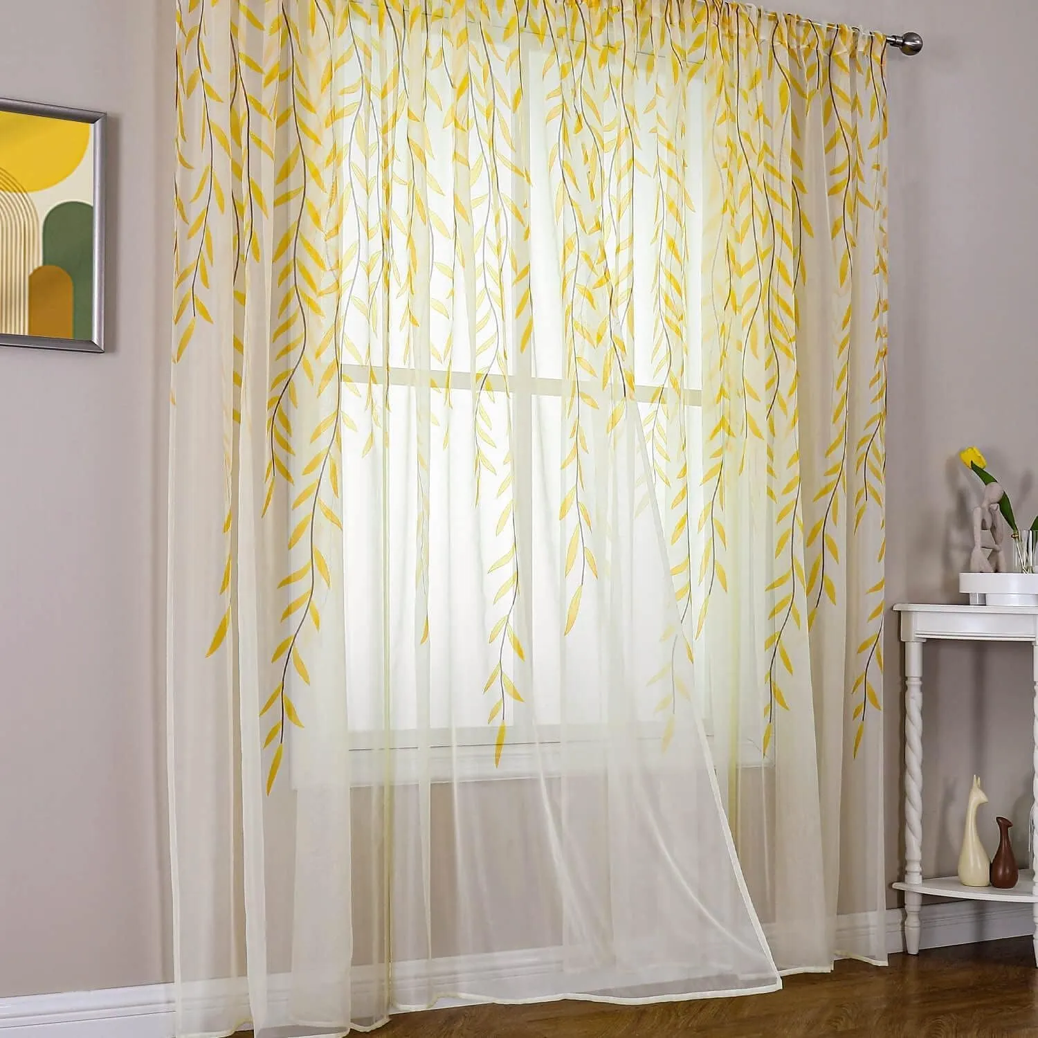 BROSHAN Yellow Sheer Curtain 108 inches Long for Living Room 2 Panels Set, Bright Yellow Leaf Pattern Curtains Printed Bedroom Curtain Sheers Rod Pocket Transparent Voile Window Treatment Drapes