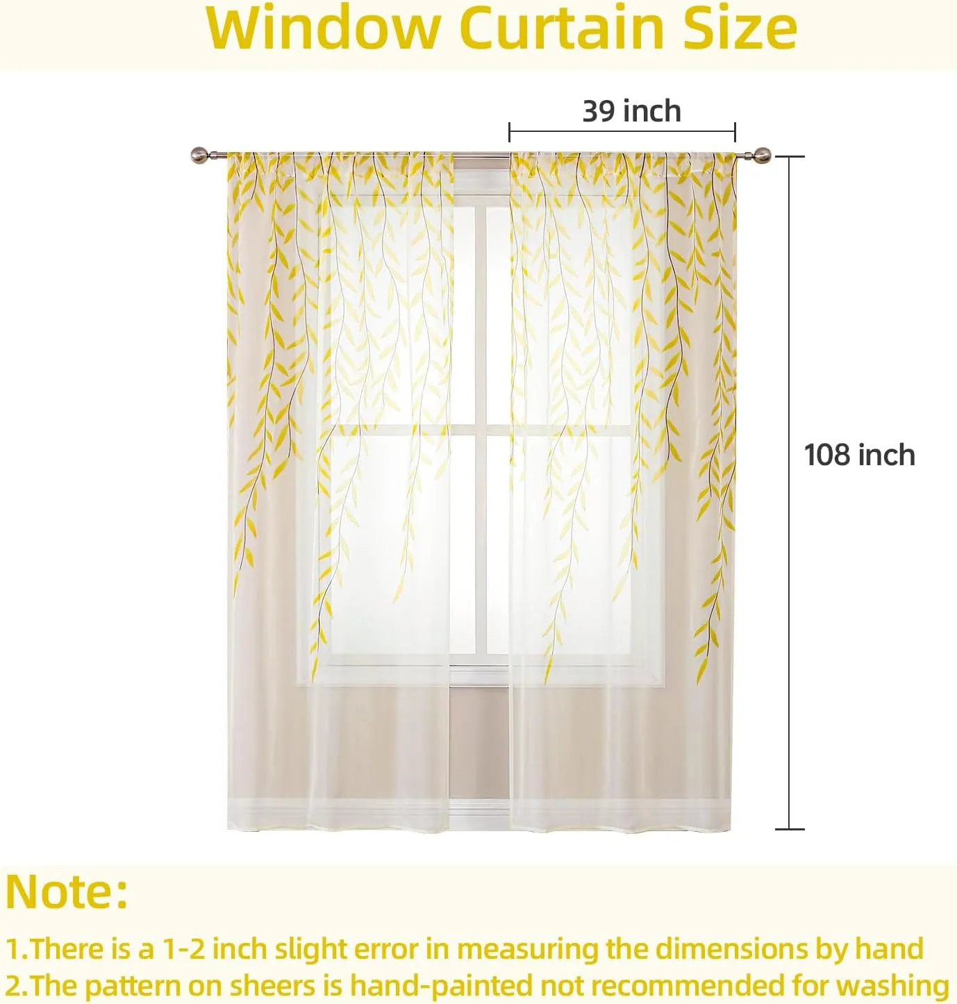 BROSHAN Yellow Sheer Curtain 108 inches Long for Living Room 2 Panels Set, Bright Yellow Leaf Pattern Curtains Printed Bedroom Curtain Sheers Rod Pocket Transparent Voile Window Treatment Drapes