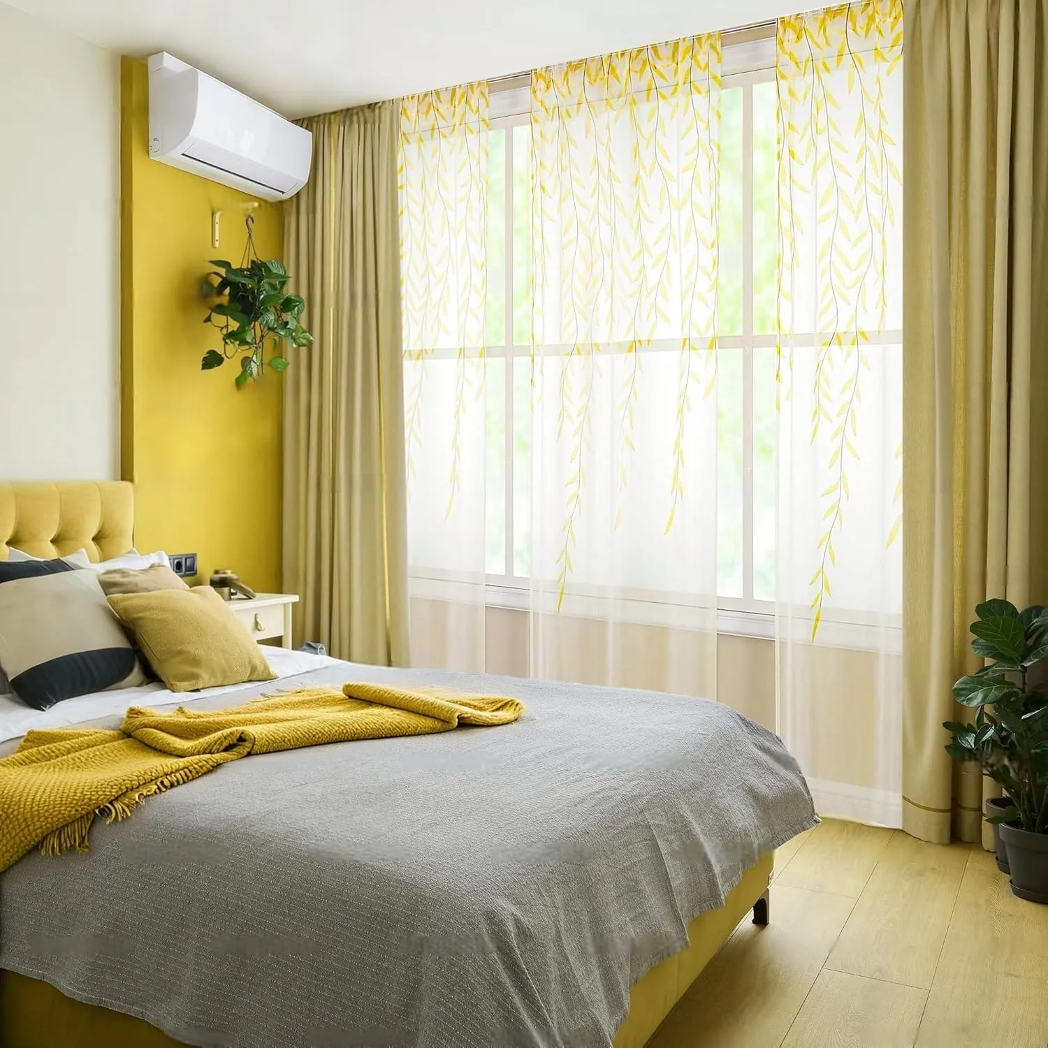 BROSHAN Yellow Sheer Curtain 108 inches Long for Living Room 2 Panels Set, Bright Yellow Leaf Pattern Curtains Printed Bedroom Curtain Sheers Rod Pocket Transparent Voile Window Treatment Drapes