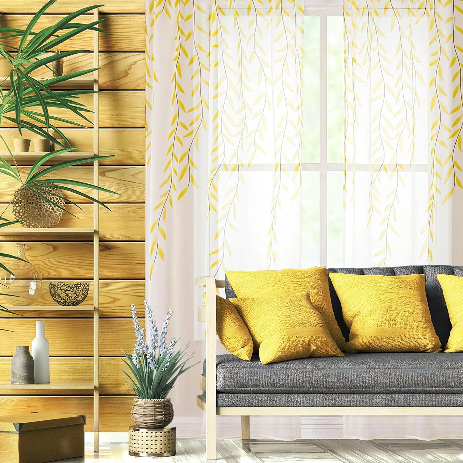 BROSHAN Yellow Sheer Curtain 108 inches Long for Living Room 2 Panels Set, Bright Yellow Leaf Pattern Curtains Printed Bedroom Curtain Sheers Rod Pocket Transparent Voile Window Treatment Drapes