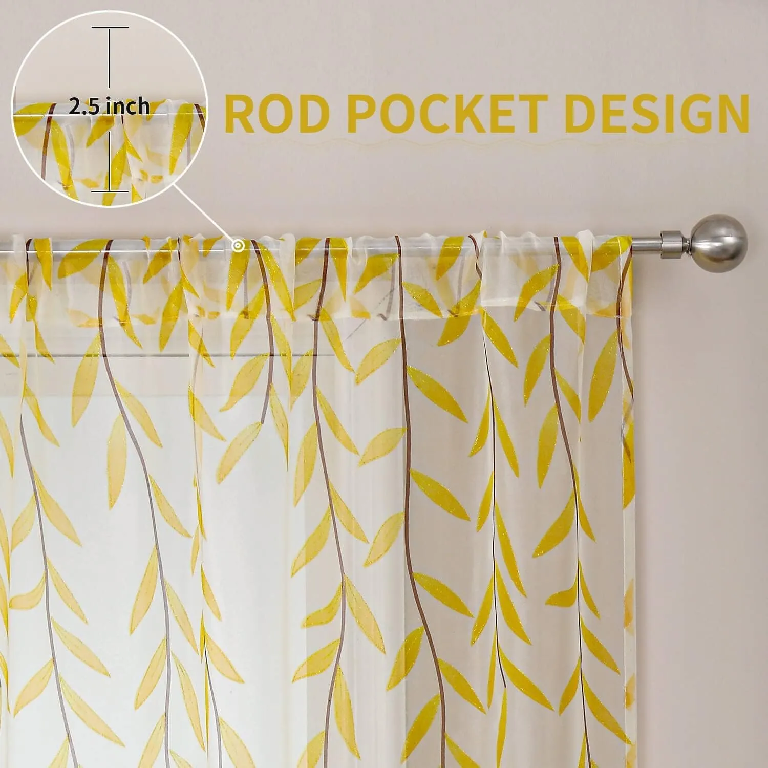 BROSHAN Yellow Sheer Curtain 108 inches Long for Living Room 2 Panels Set, Bright Yellow Leaf Pattern Curtains Printed Bedroom Curtain Sheers Rod Pocket Transparent Voile Window Treatment Drapes