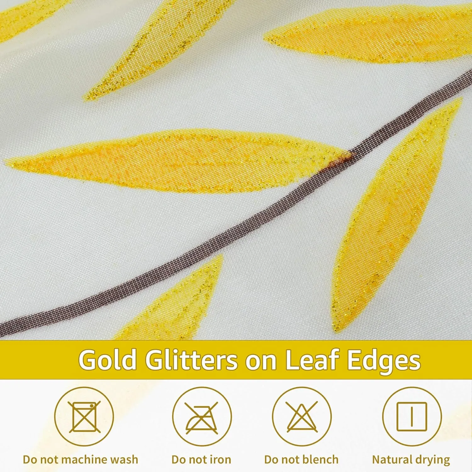 BROSHAN Yellow Sheer Curtain 108 inches Long for Living Room 2 Panels Set, Bright Yellow Leaf Pattern Curtains Printed Bedroom Curtain Sheers Rod Pocket Transparent Voile Window Treatment Drapes