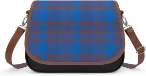 Brown Blue Tartan Plaid Leather Decorative Crossbody Strap Backpack, Large Capacity Shoulder Bag