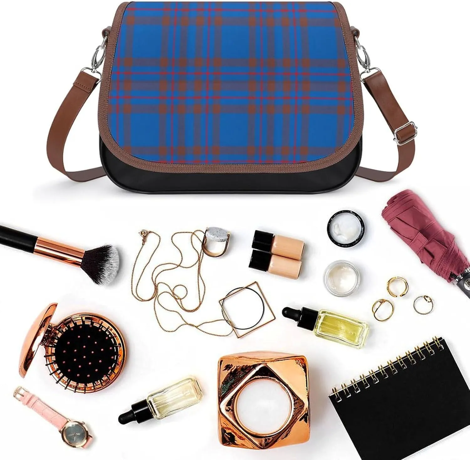 Brown Blue Tartan Plaid Leather Decorative Crossbody Strap Backpack, Large Capacity Shoulder Bag