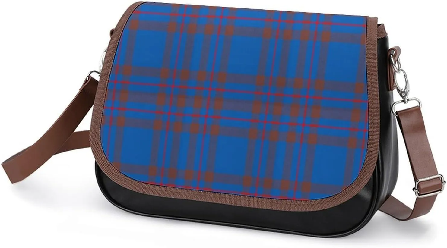 Brown Blue Tartan Plaid Leather Decorative Crossbody Strap Backpack, Large Capacity Shoulder Bag