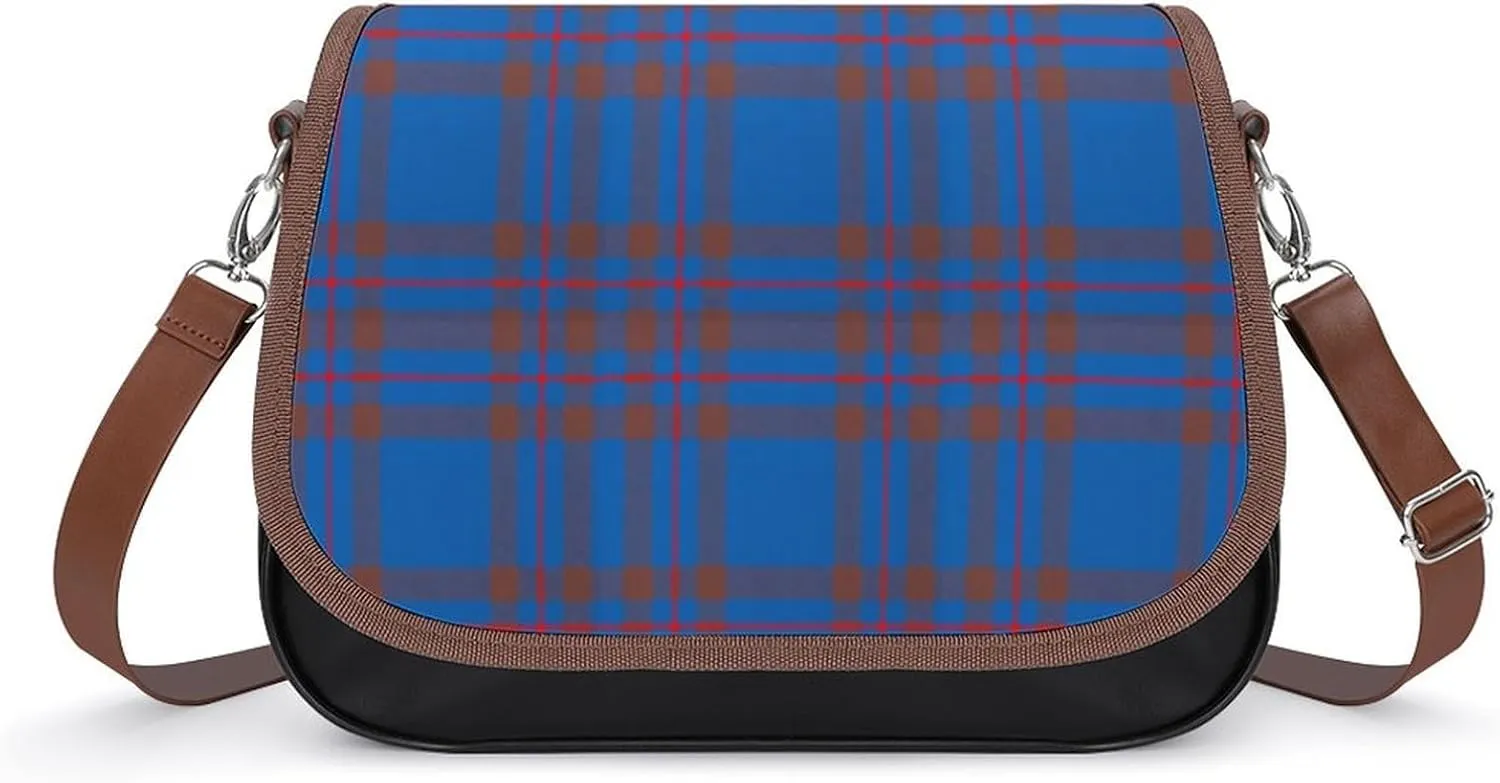 Brown Blue Tartan Plaid Leather Decorative Crossbody Strap Backpack, Large Capacity Shoulder Bag