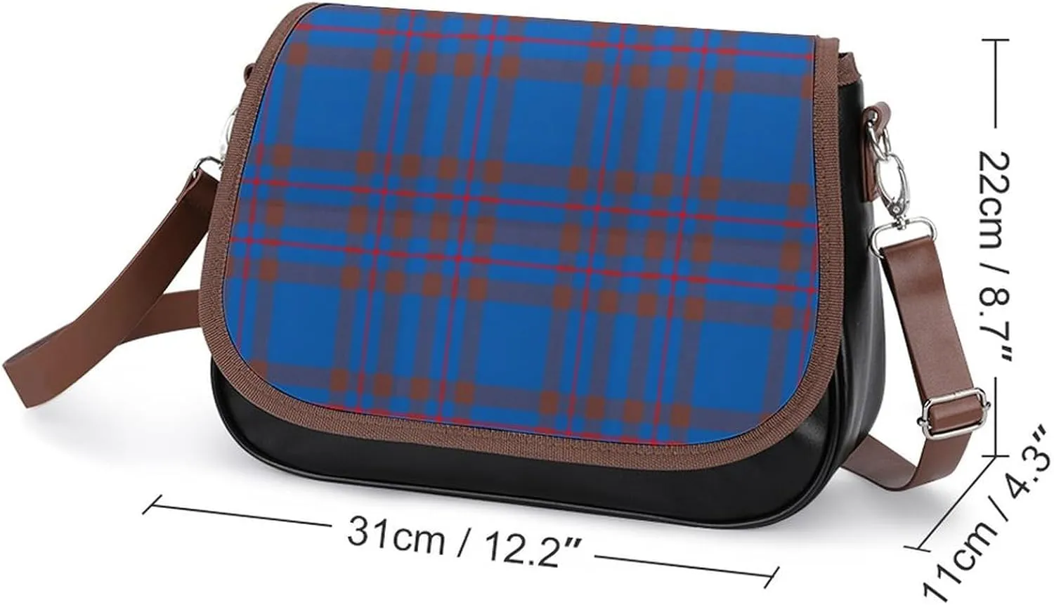 Brown Blue Tartan Plaid Leather Decorative Crossbody Strap Backpack, Large Capacity Shoulder Bag