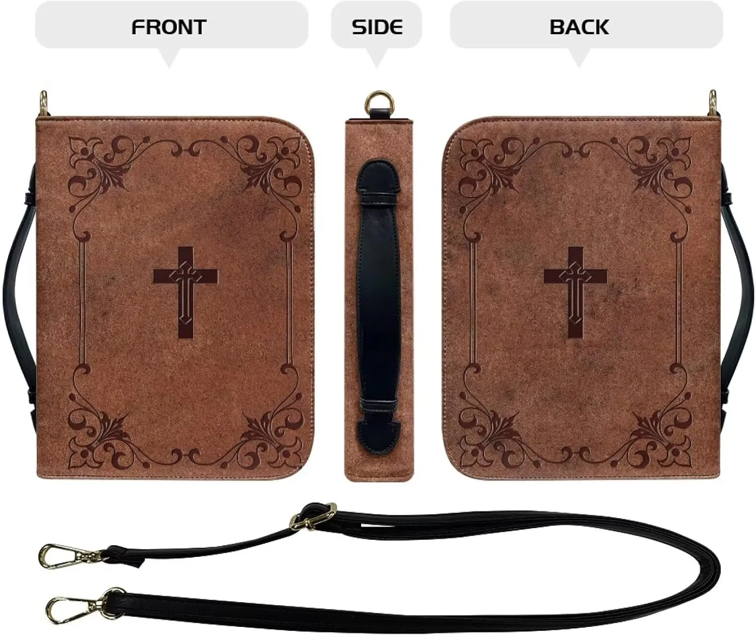 Brown Cross Floral Bible Cover Lightweight Bible Case Waterproof Study Scripture Bag with Zipper Pocket Bible Organizer Case Bible Journaling Supplies, XL