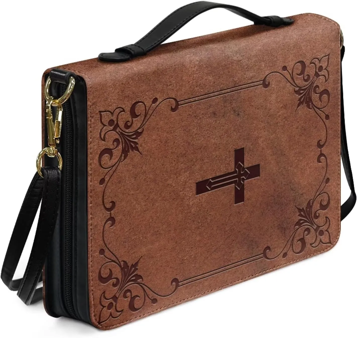 Brown Cross Floral Bible Cover Lightweight Bible Case Waterproof Study Scripture Bag with Zipper Pocket Bible Organizer Case Bible Journaling Supplies, XL