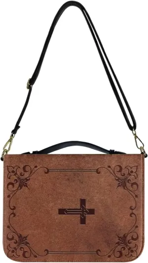 Brown Cross Floral Bible Cover Lightweight Bible Case Waterproof Study Scripture Bag with Zipper Pocket Bible Organizer Case Bible Journaling Supplies, XL