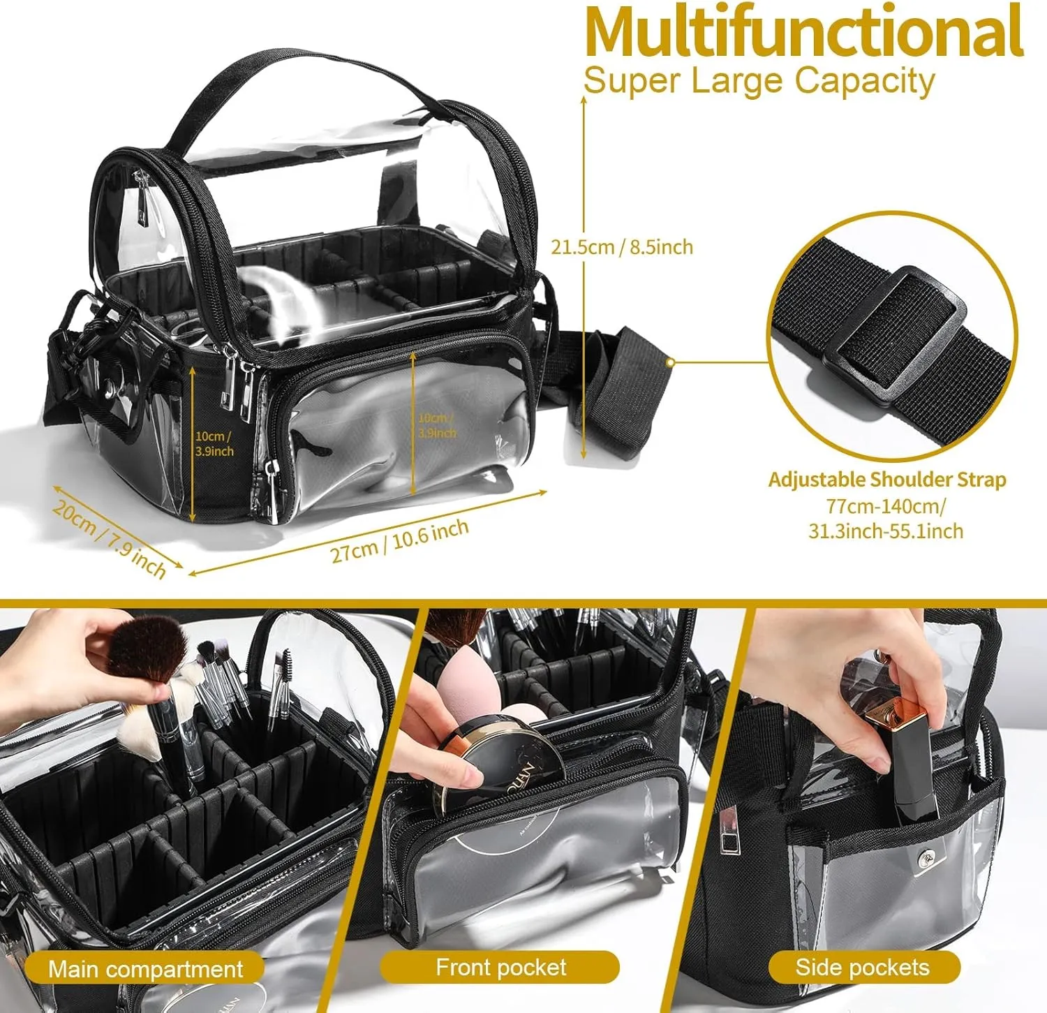 BS-MALL Makeup Bag, Transparent PVC Clear Travel Makeup Brush Holder, Tool Organizer Case with Shoulder Strap (Black)