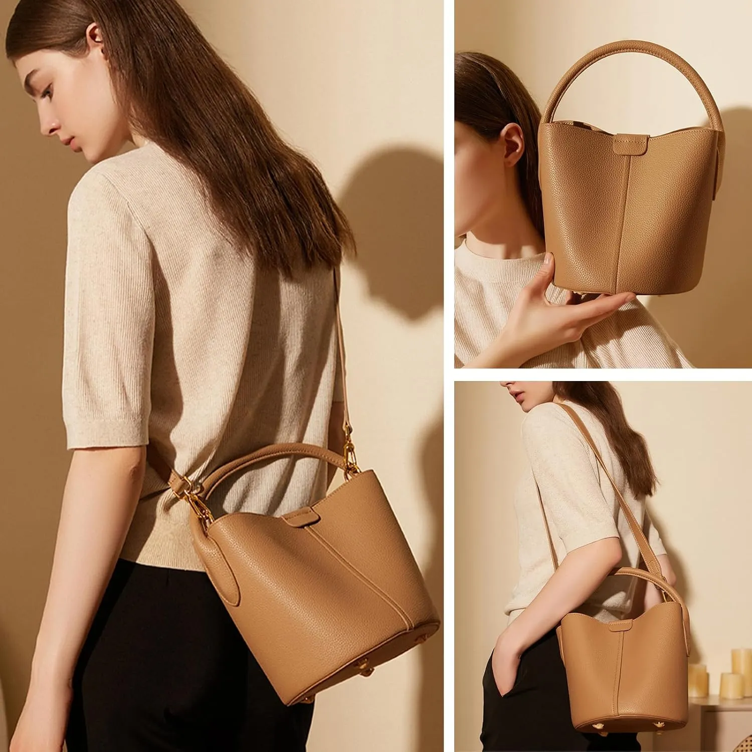 Bucket Bags for Women, Genuine Leather Crossbody Bags, Top-handle purses with an Adjustable Strap