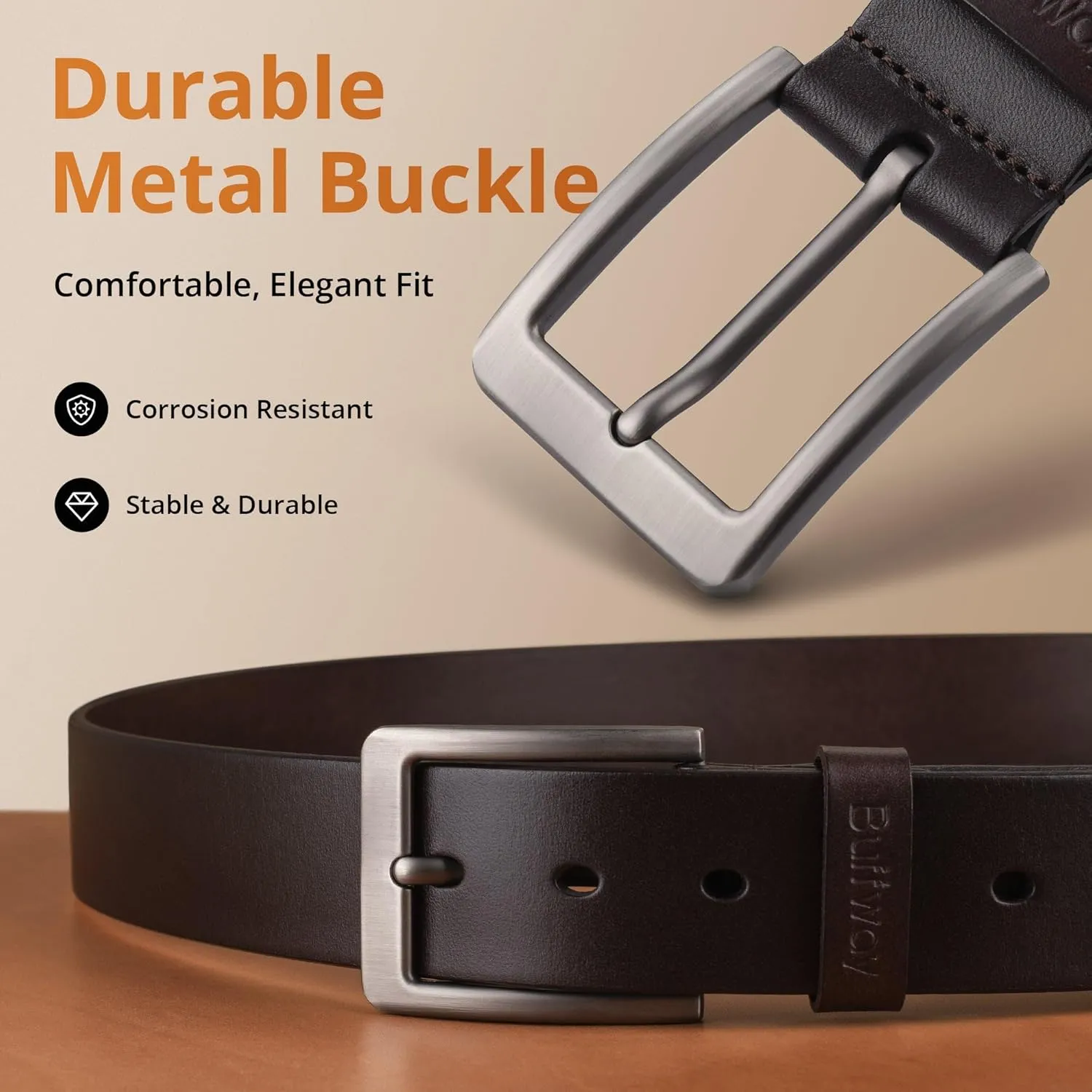 Buffway Leather Belt for Men - Durable Full Grain Men's Belt 1.5", Versatile for Daily Use, with Gift Box