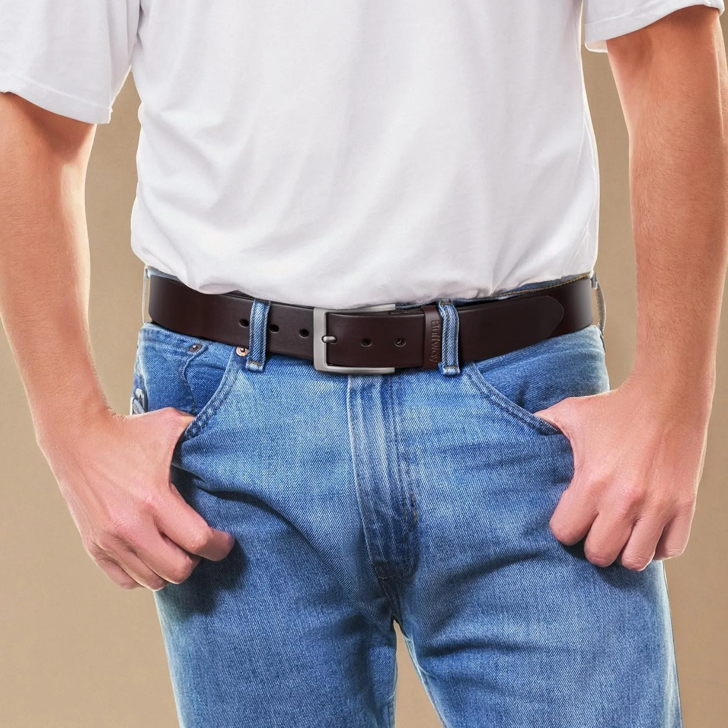 Buffway Leather Belt for Men - Durable Full Grain Men's Belt 1.5", Versatile for Daily Use, with Gift Box