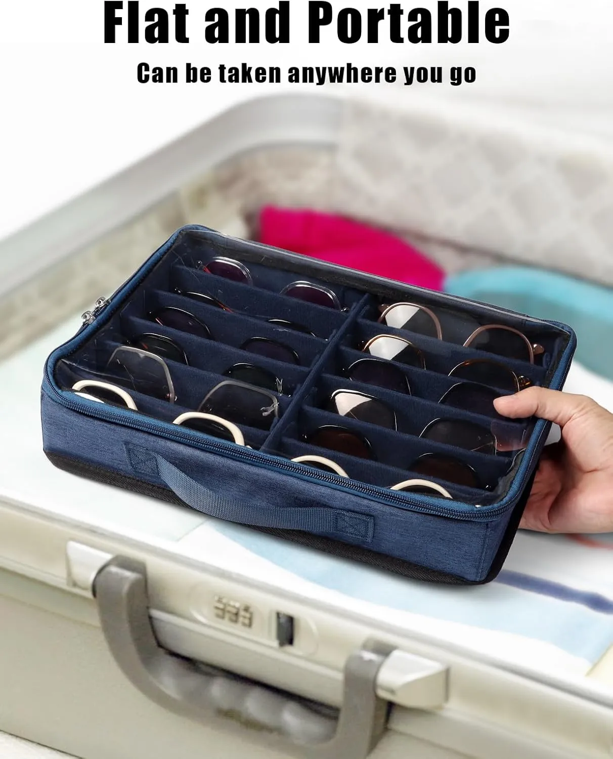 Bukere Sunglasses Organizer Case for Multiple Pairs, 7-12 Slots Adjustable Glasses Box Women Men, Travel Eyeglasses Storage
