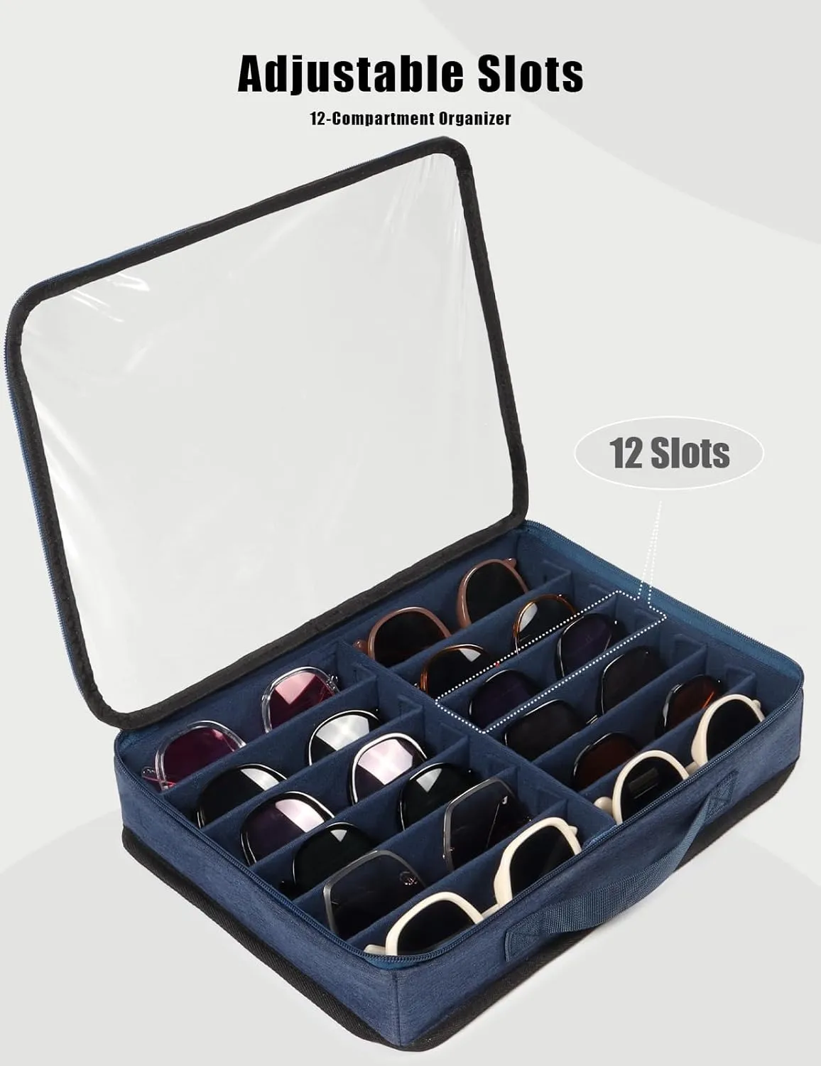 Bukere Sunglasses Organizer Case for Multiple Pairs, 7-12 Slots Adjustable Glasses Box Women Men, Travel Eyeglasses Storage