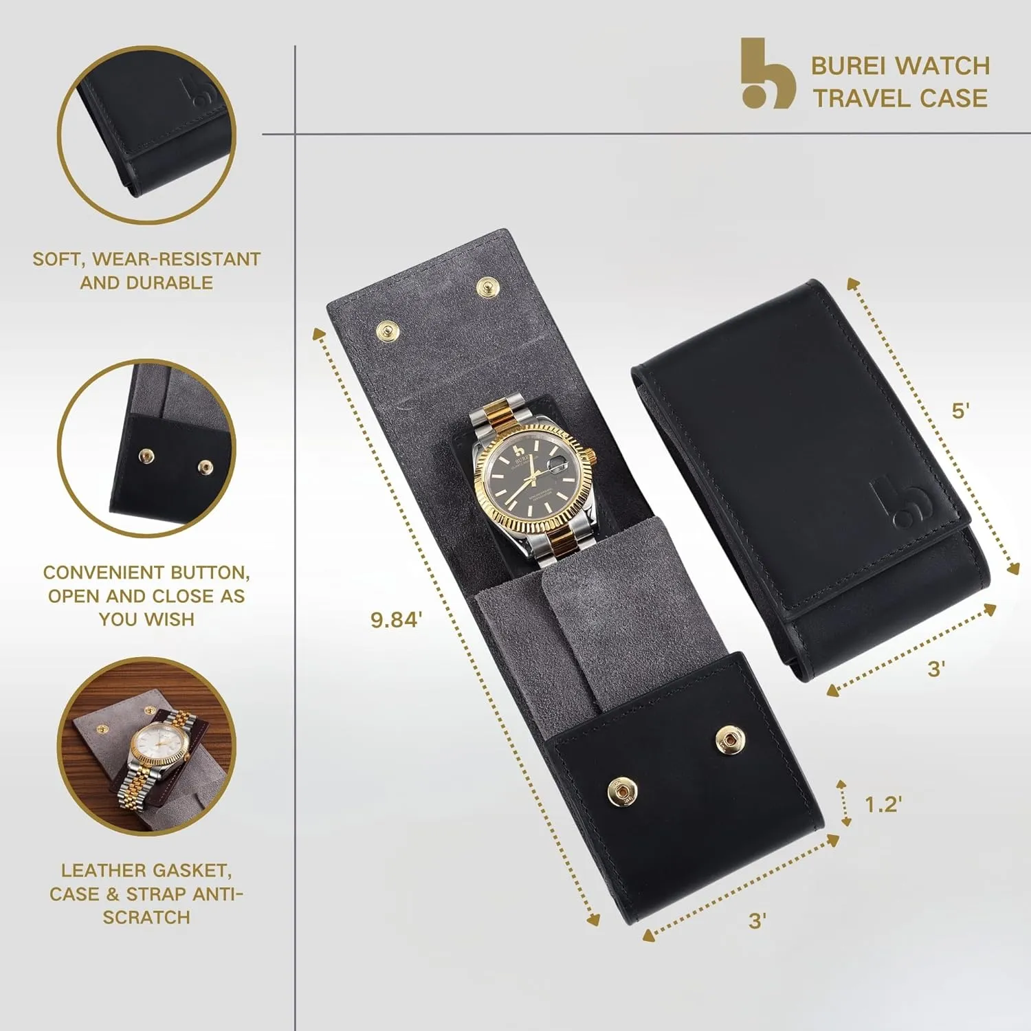 BUREI Leather Watch Travel Case Pouch Portable Watch Case for Men Single Watch Band Storage Bag Watch Accessories (Brown Black)