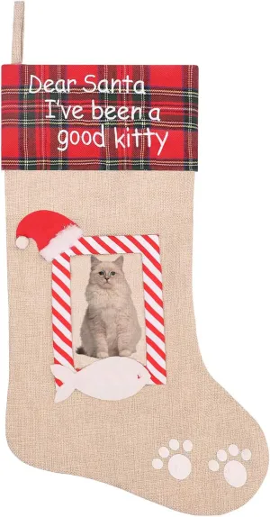 Burlap Pet Christmas Stockings, Personalized 20 Inches Christmas Paw Stockings Hanging Ornaments with Family Photo Frame, Xmas Tree Hanging Gift Bag for Home Holiday Xmas Party Decorations