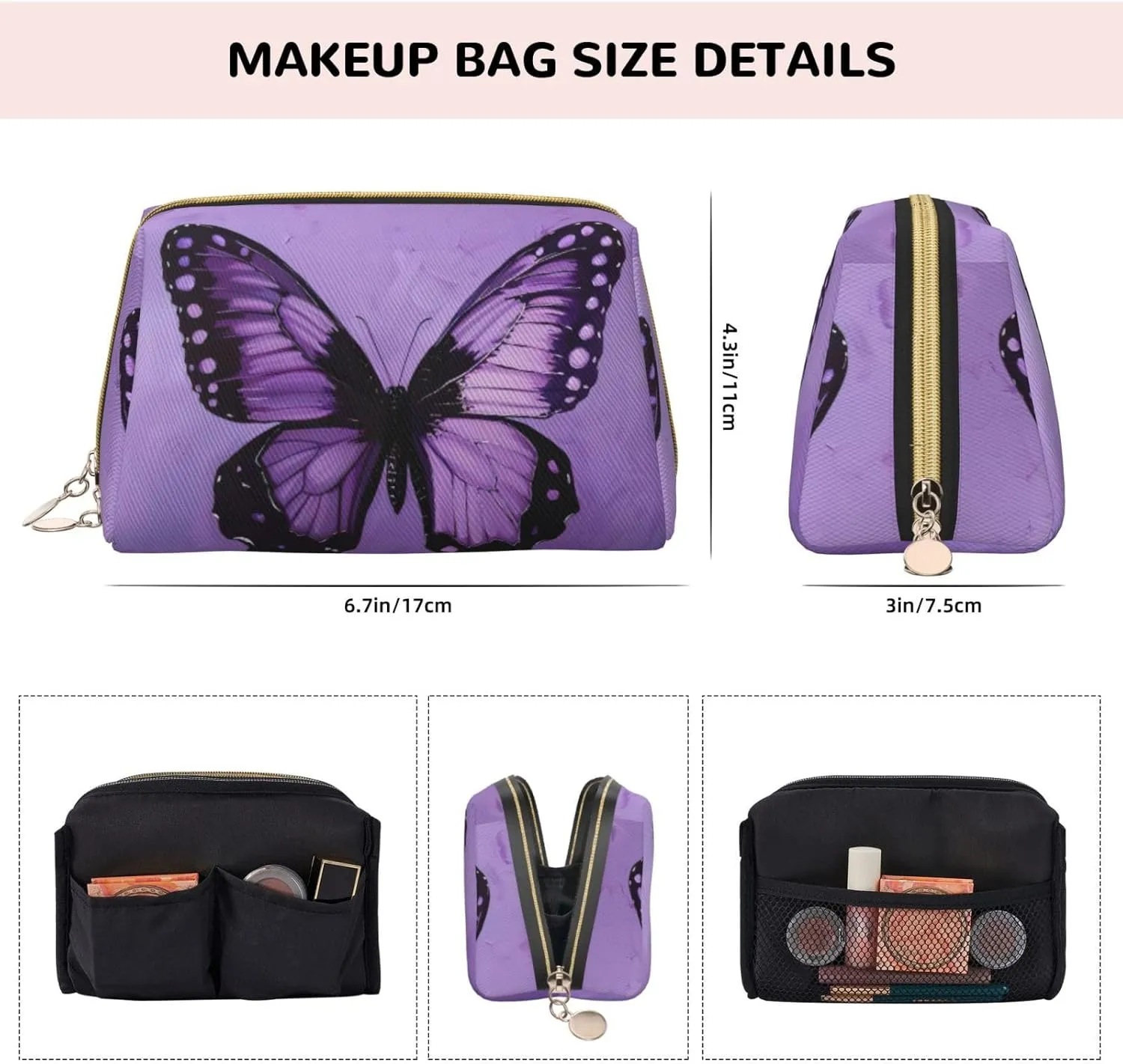Butterfly Purple Toiletry Pouch, Travel-Friendly Makeup Organizer For Makeup Brushes, Lipsticks