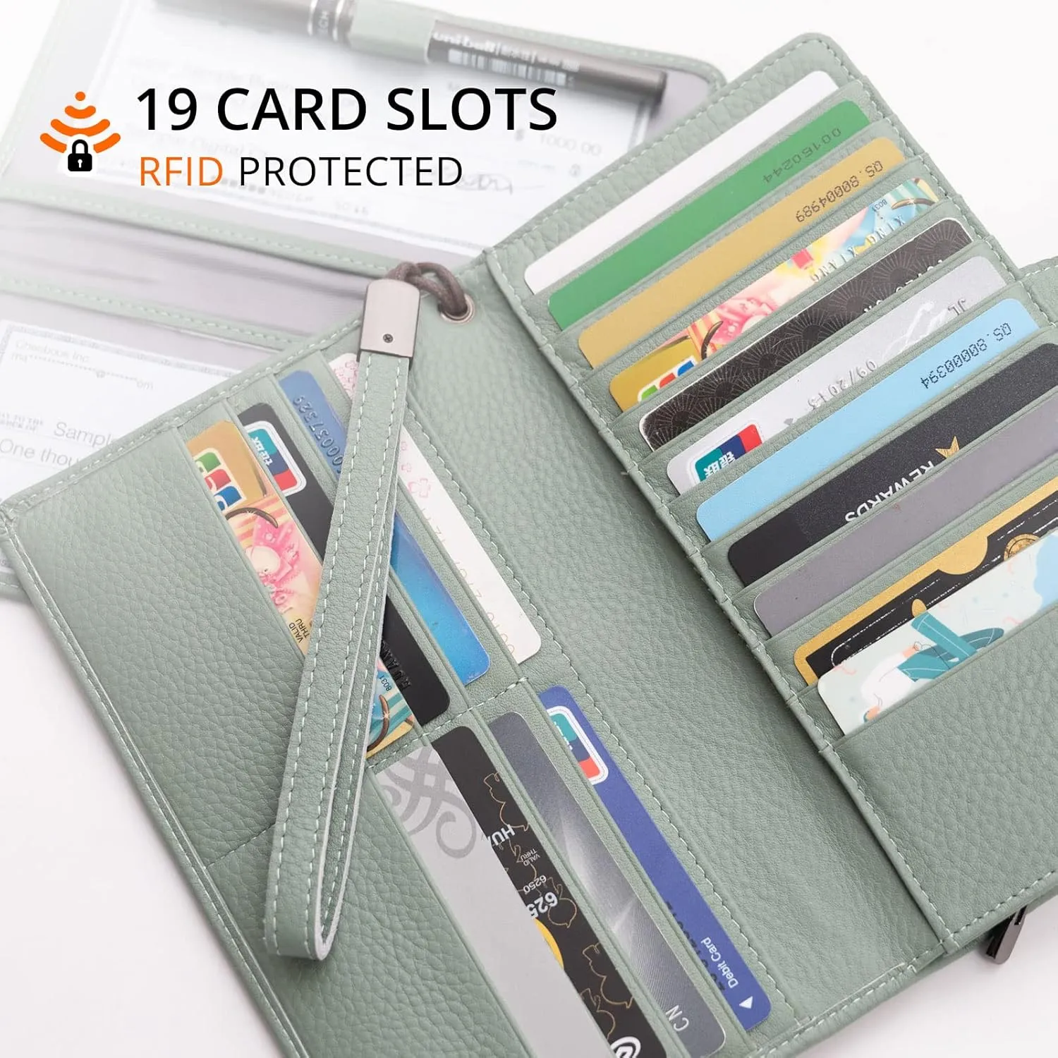Bveyzi Women's Big Fat Rfid Leather Wristlet Wallet Organizer Large Phone Checkbook Holder with Zipper Pocket (Mint Green)
