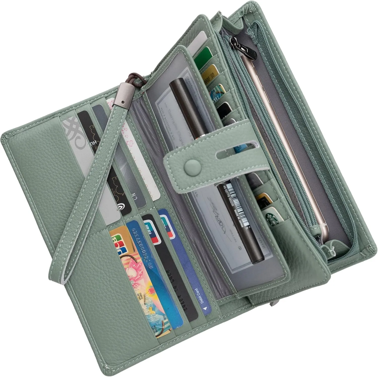 Bveyzi Women's Big Fat Rfid Leather Wristlet Wallet Organizer Large Phone Checkbook Holder with Zipper Pocket (Mint Green)