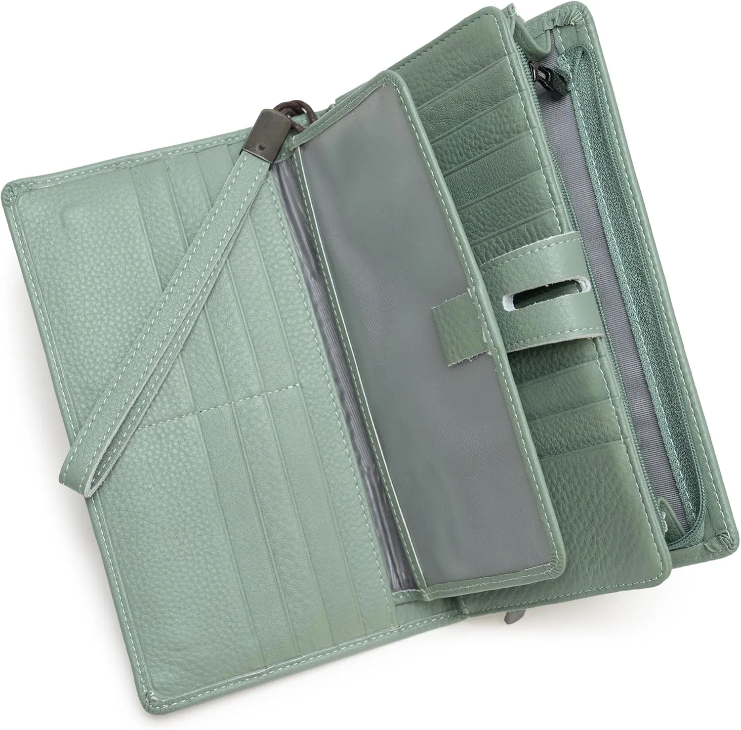 Bveyzi Women's Big Fat Rfid Leather Wristlet Wallet Organizer Large Phone Checkbook Holder with Zipper Pocket (Mint Green)