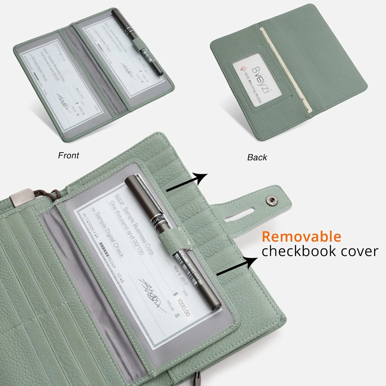 Bveyzi Women's Big Fat Rfid Leather Wristlet Wallet Organizer Large Phone Checkbook Holder with Zipper Pocket (Mint Green)