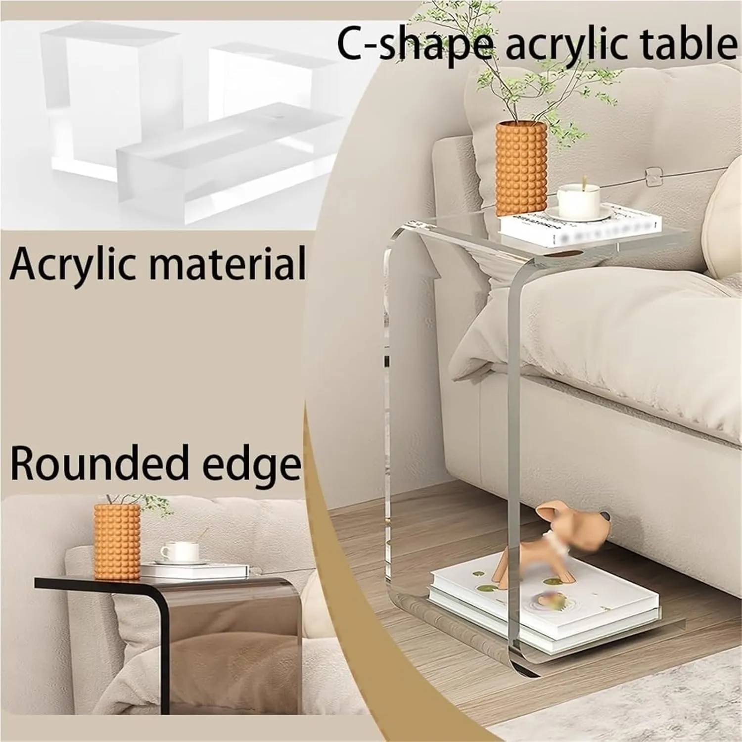 C-Shape Transparent Acrylic Side Table Space-Saving Couch Tables Terrace Accent Table c Shaped End Table for Home Multi-Purpose(Gray,CH)