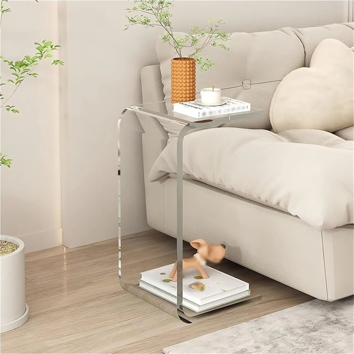 C-Shape Transparent Acrylic Side Table Space-Saving Couch Tables Terrace Accent Table c Shaped End Table for Home Multi-Purpose(Gray,CH)