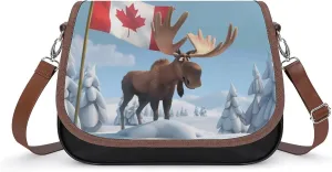 Canadian Canada Flag Funny Moose Women's Crossbody Bag Leather Tote Bag Shoulder Bag Handbag for Office Travel