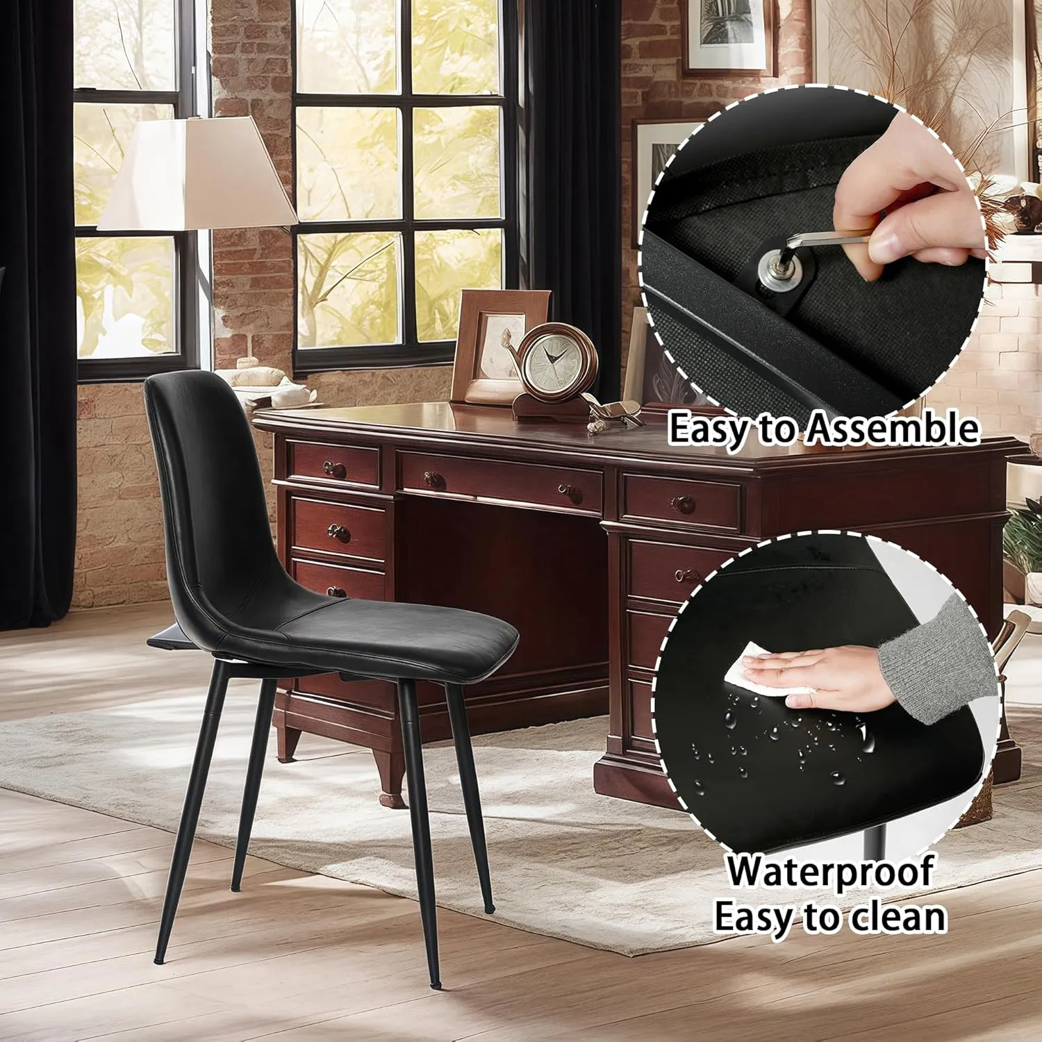 CangLong Black Dining Chairs Set of 4, Faux Leather Kitchen Chairs, Upholstered Armless Accent Chairs with Soft Backrest & Metal Legs for Living Room, Meeting Room, Black