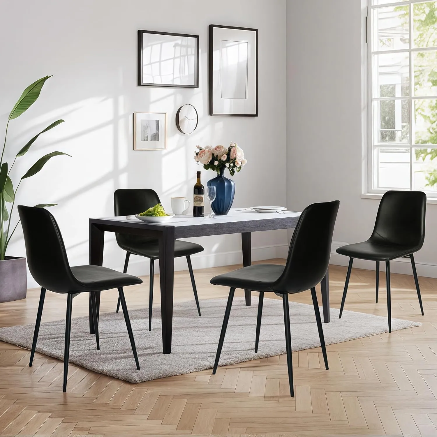 CangLong Black Dining Chairs Set of 4, Faux Leather Kitchen Chairs, Upholstered Armless Accent Chairs with Soft Backrest & Metal Legs for Living Room, Meeting Room, Black