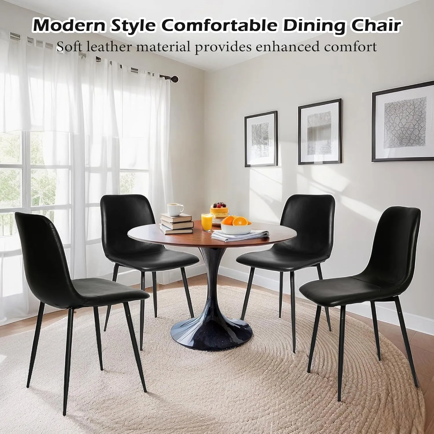 CangLong Black Dining Chairs Set of 4, Faux Leather Kitchen Chairs, Upholstered Armless Accent Chairs with Soft Backrest & Metal Legs for Living Room, Meeting Room, Black