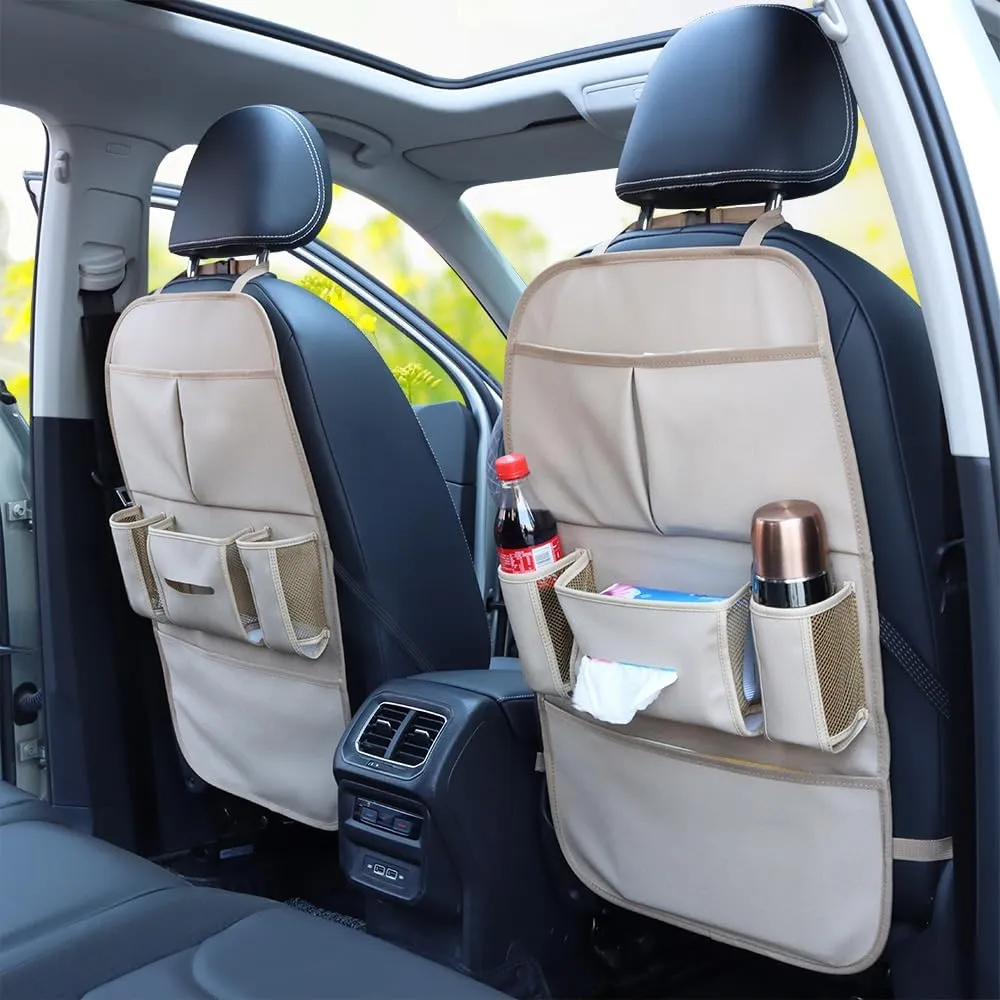 Car Backseat Organizer for Kids, Car Back Seat Storage Bag With 3 Pockets, 2 Drinks Holders, Water Resistant, Kids Toy Storage Kick Mat Back Seat Protector for Toddlers (Beige 1-Pack)