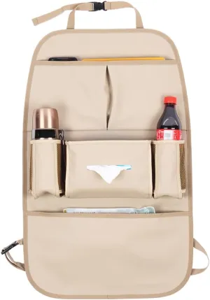 Car Backseat Organizer for Kids, Car Back Seat Storage Bag With 3 Pockets, 2 Drinks Holders, Water Resistant, Kids Toy Storage Kick Mat Back Seat Protector for Toddlers (Beige 1-Pack)