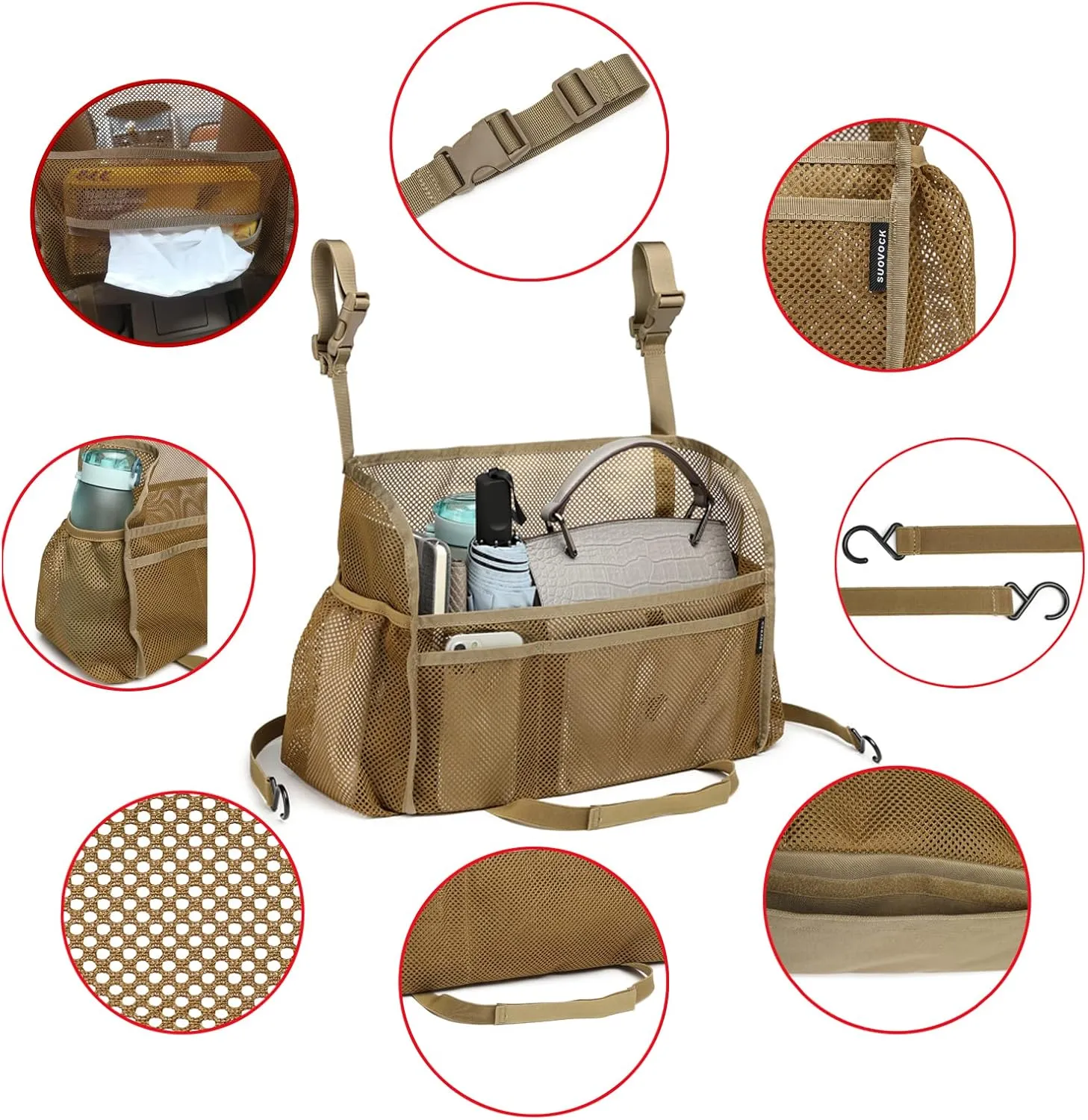 Car net Pocket Handbag Holder, car Purse Holder can be Used to Store Items, Protective Barrier for Children and Pets in The Back seat of car, Helps to Drive Safely (Khaki)