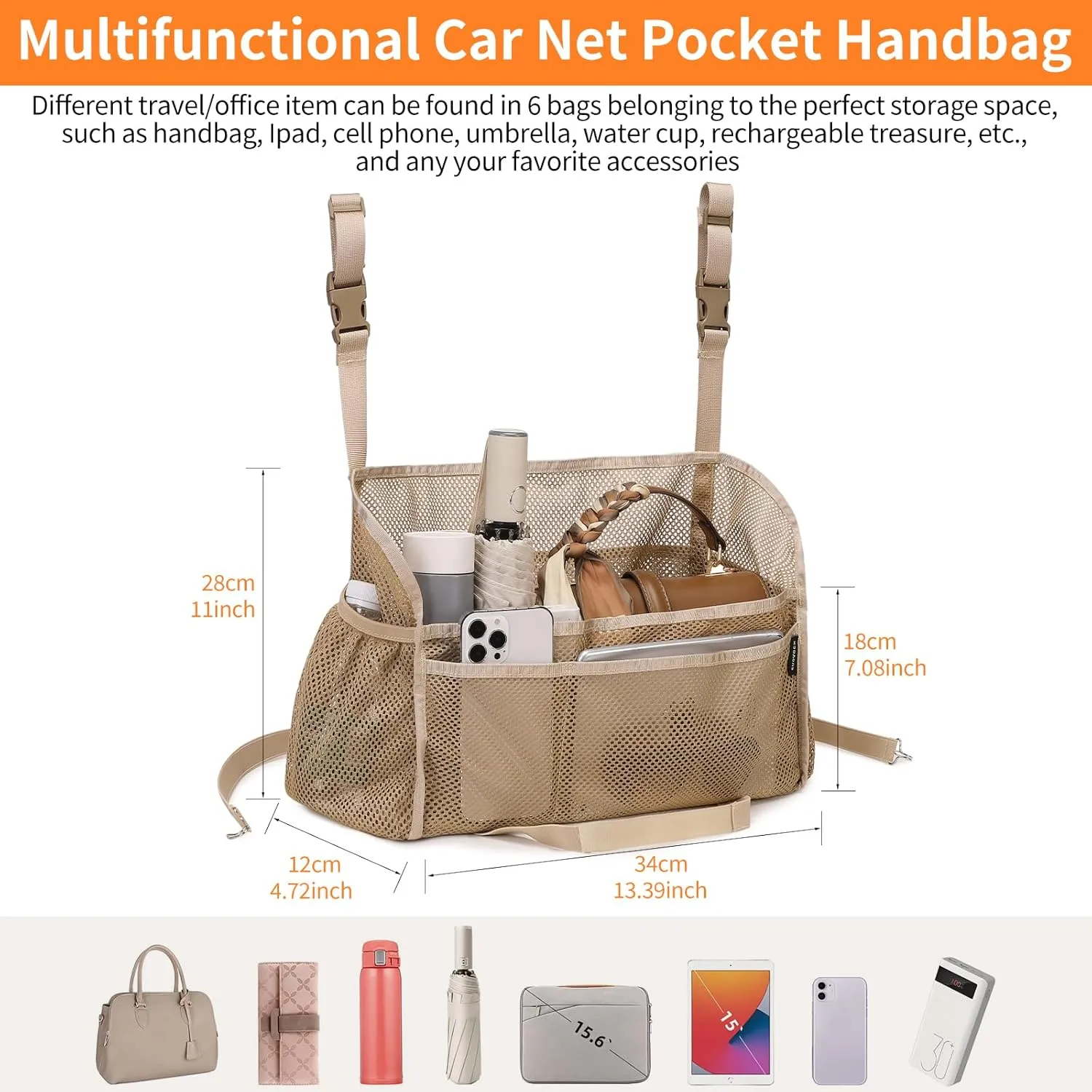 Car net pocket handbag holder, car purse holder, Car net pocket, can be used to store items, protective barrier for children and pets in the back seat of car (Light brown)