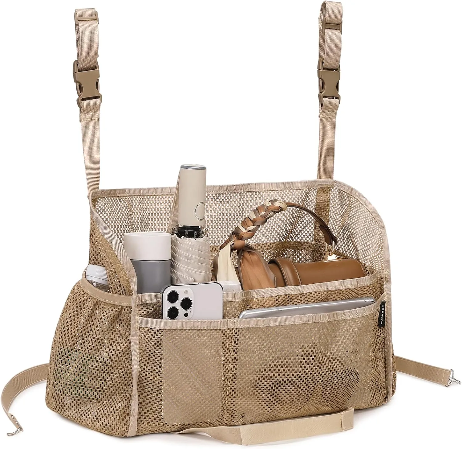 Car net pocket handbag holder, car purse holder, Car net pocket, can be used to store items, protective barrier for children and pets in the back seat of car (Light brown)