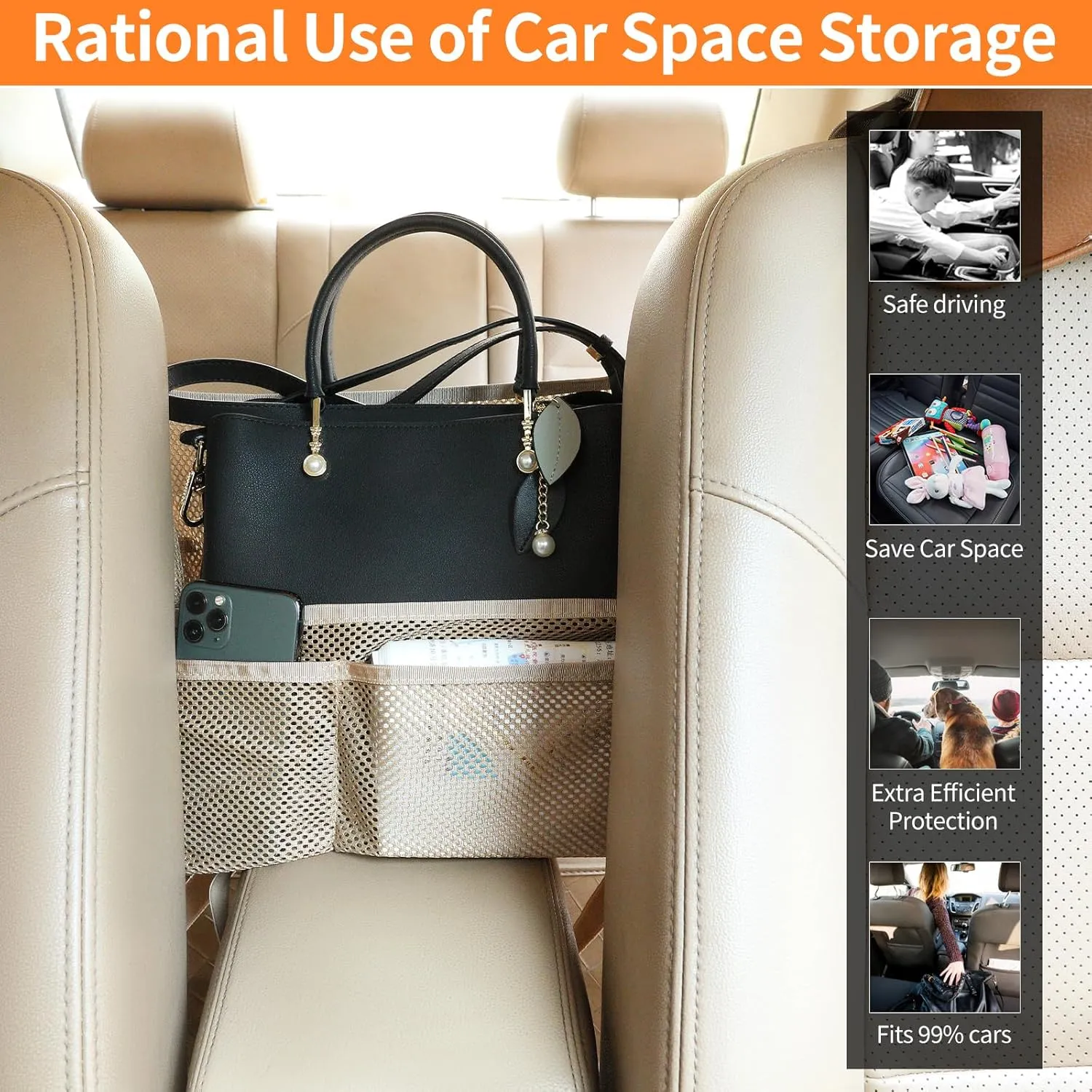 Car net pocket handbag holder, car purse holder, Car net pocket, can be used to store items, protective barrier for children and pets in the back seat of car (Light brown)