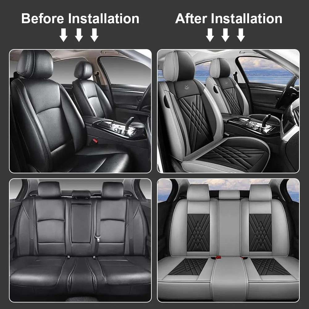 Car Seat Covers Fit for Hyundai Kona 2018-2025 Airbag Compatible 360° Full Wrapped Set Covers Premium Nappa Leather Storage Pocket Zipper Design, Black Gray, Full Set