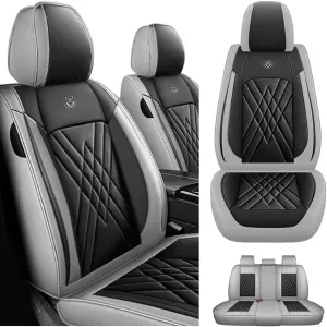 Car Seat Covers Fit for Hyundai Kona 2018-2025 Airbag Compatible 360° Full Wrapped Set Covers Premium Nappa Leather Storage Pocket Zipper Design, Black Gray, Full Set