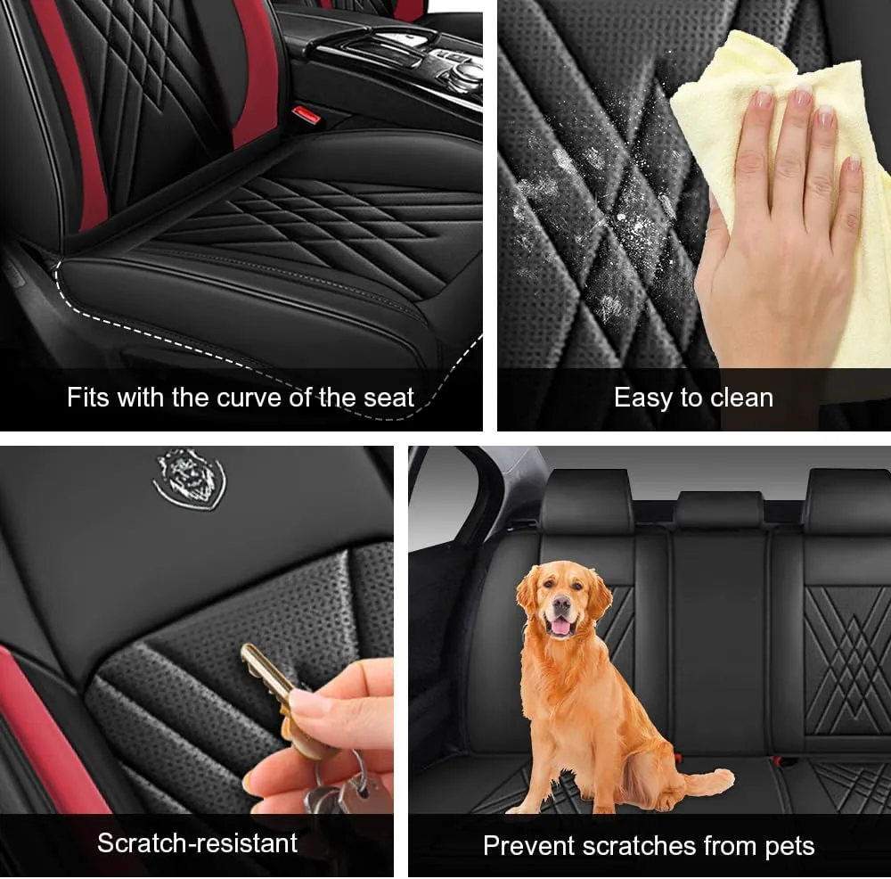 Car Seat Covers Fit for Hyundai Kona 2018-2025 Airbag Compatible 360° Full Wrapped Set Covers Premium Nappa Leather Storage Pocket Zipper Design, Black Red, Full Set