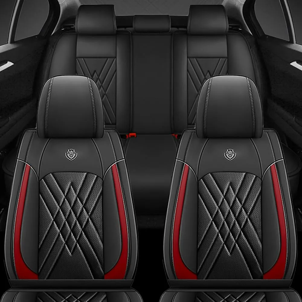Car Seat Covers Fit for Hyundai Kona 2018-2025 Airbag Compatible 360° Full Wrapped Set Covers Premium Nappa Leather Storage Pocket Zipper Design, Black Red, Full Set
