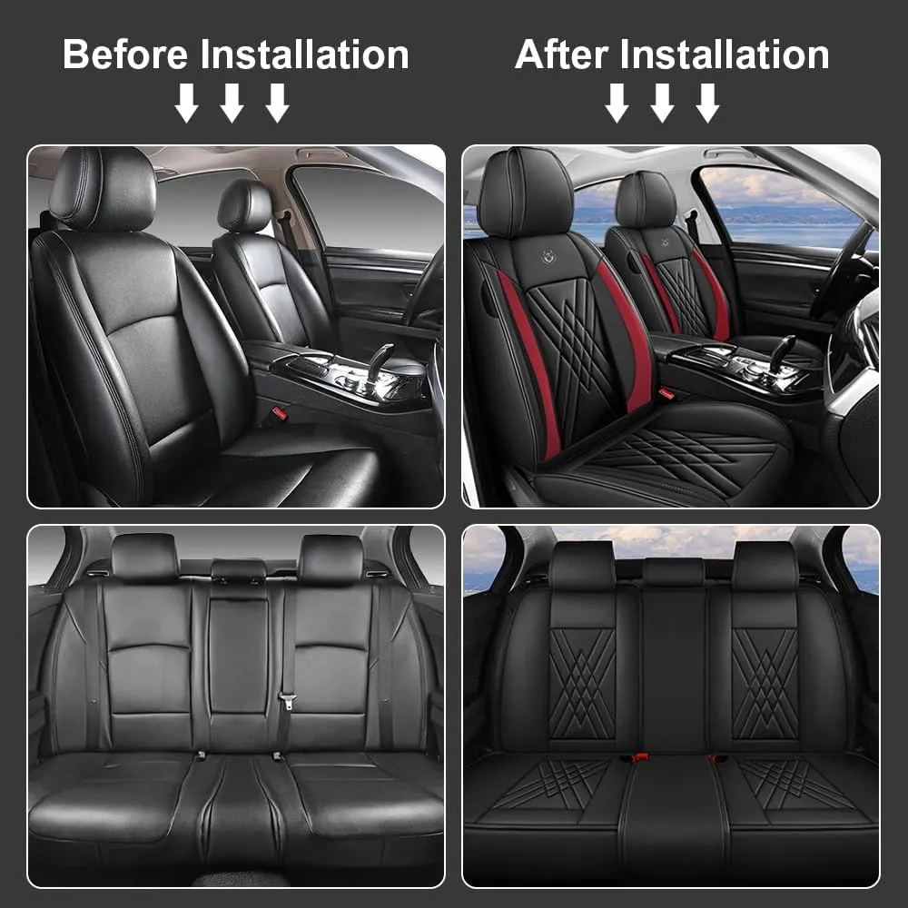 Car Seat Covers Fit for Hyundai Kona 2018-2025 Airbag Compatible 360° Full Wrapped Set Covers Premium Nappa Leather Storage Pocket Zipper Design, Black Red, Full Set