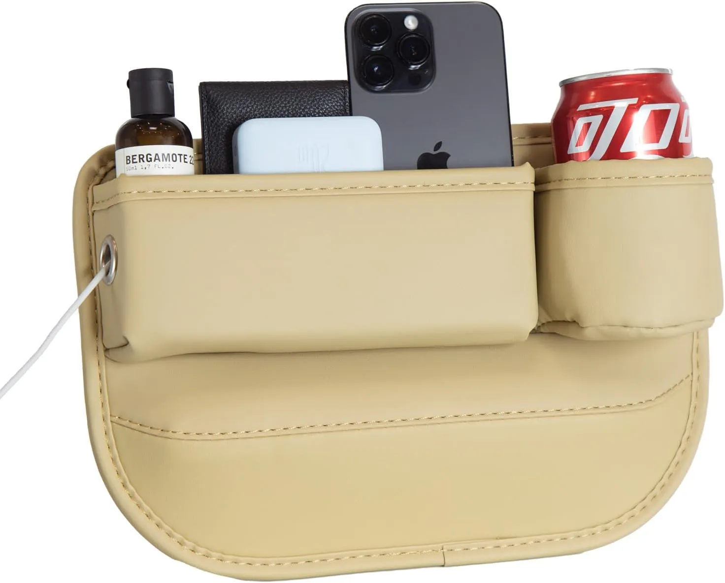 Car Seat Gap Filler Organizer, Car Organizer, Gap Storage Box with Cup Holders for Drink, Car Leather Cup Holder Gap Bag Front Seat for Holding Phone, Sunglasses,Keys（White Passenger Seat