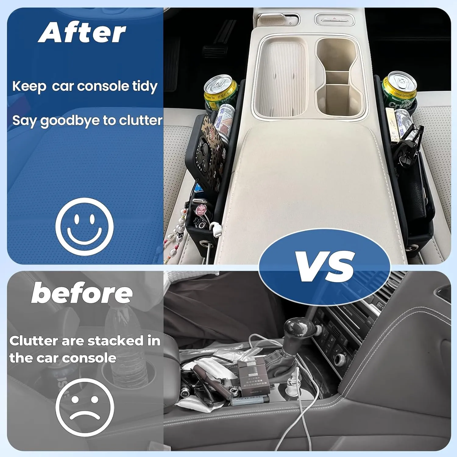 Car Seat Gap Filler Organizer, Car Organizer, Gap Storage Box with Cup Holders for Drink, Car Leather Cup Holder Gap Bag Front Seat for Holding Phone, Sunglasses,Keys（White Passenger Seat